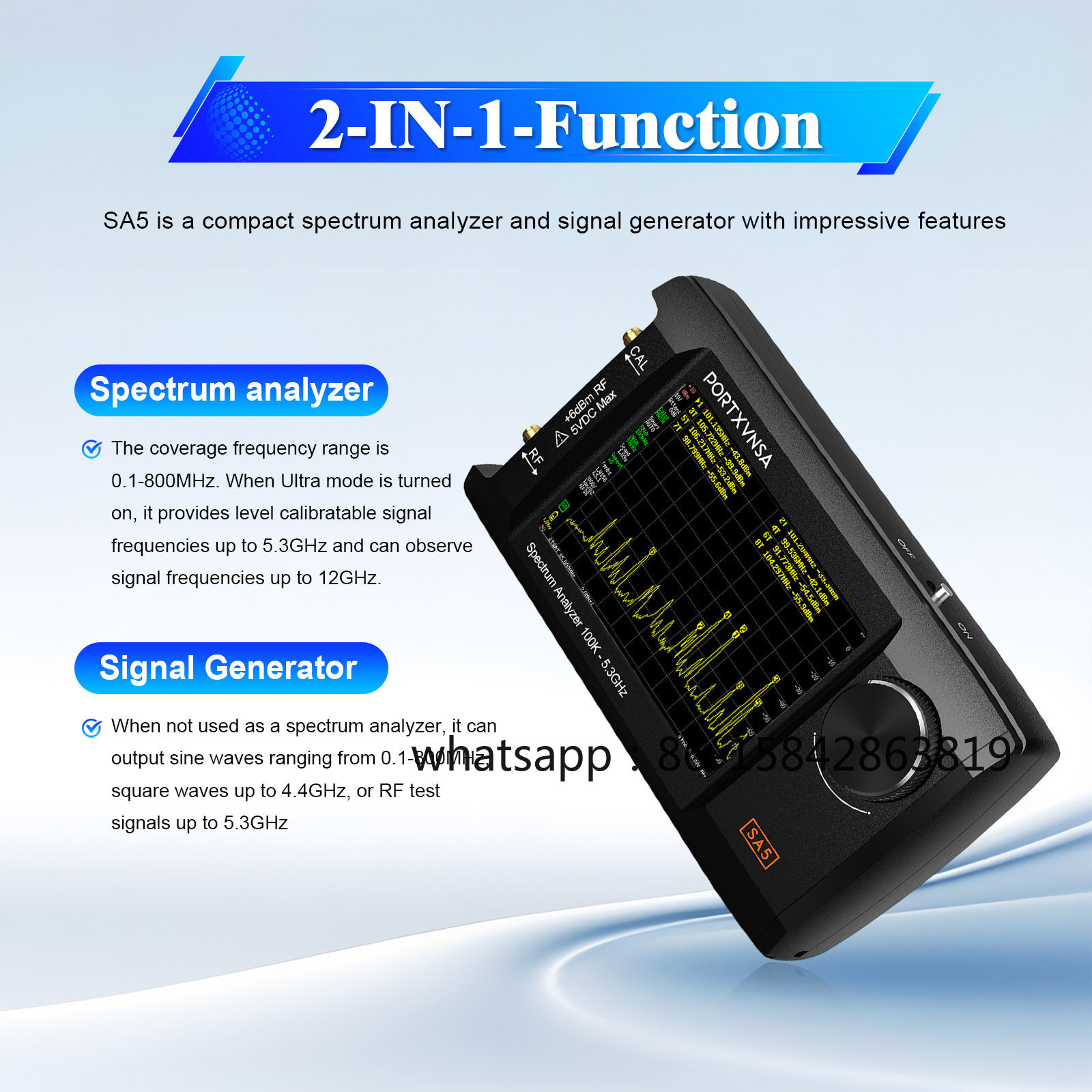 Signal Generator Spectrum Analyzer - SA5 ポータブルスペクトラムアナライザ、100kHz-5.3GHz RF信号発生器、4インチIPSディスプレイ、20dB LNA、5000mAh、ハムラジオ用