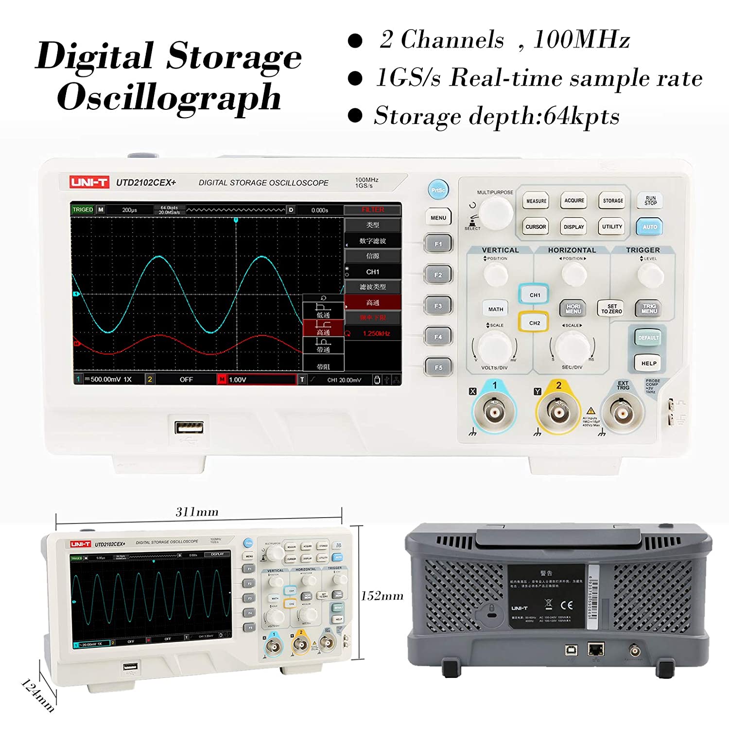 UTD2102CEX+ 高精度100MHzデジタルストレージ - Digital Storage Oscilloscope 100Mhz のレビューと価格